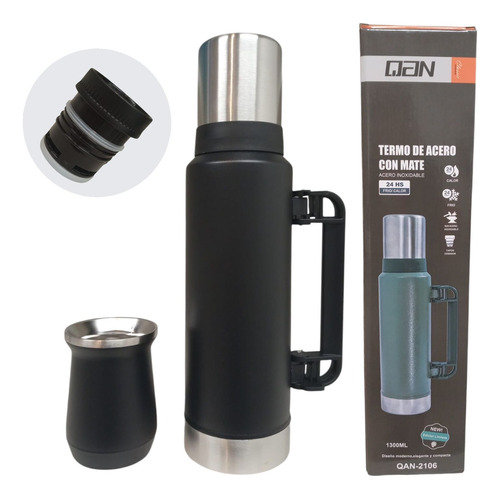Termo Acero Inoxidable 1,3 Litro Con Mate 260ml Y Manija