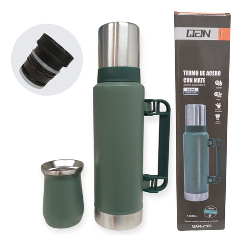 Termo Acero Inoxidable 1,3 Litro Con Mate 260ml Y Manija