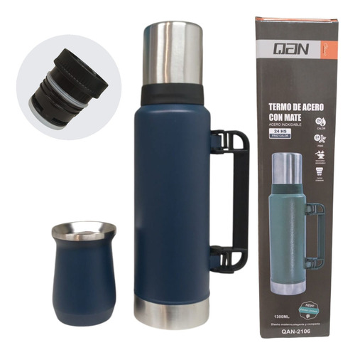 Termo Acero Inoxidable 1,3 Litro Con Mate 260ml Y Manija