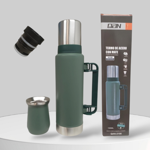 Termo Acero Inoxidable 1,3 Litro Con Mate 260ml Y Manija